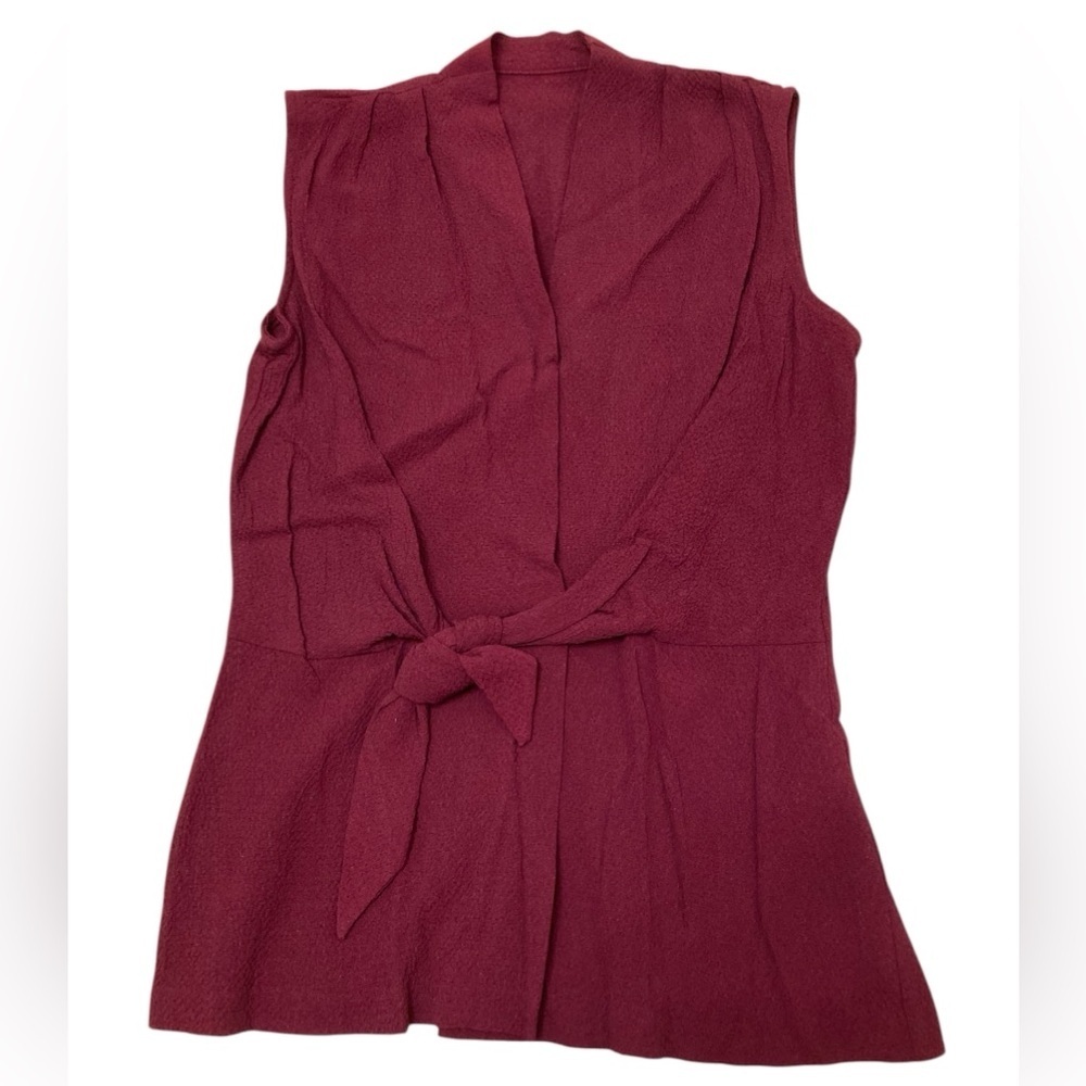 3/$20 Vintage Tie Front Burgundy Sleeveless Top Blouse Pleated Bow Womens Medium